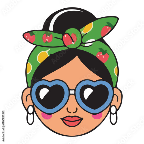 Stylish Girl Wearing Green Floral Headband and Heart Sunglasses