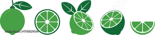 Green lime fruit and slices icons in solid fill and outline styles citrus