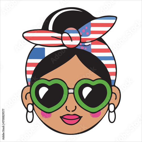 Trendy Girl with American Flag Headband and Green Heart Sunglasses