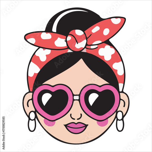 Trendy Woman Wearing Red Polka Dot Headband and Pink Heart Sunglasses
