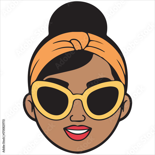 Stylish Woman Face with Orange Headband and Round Sunglasses