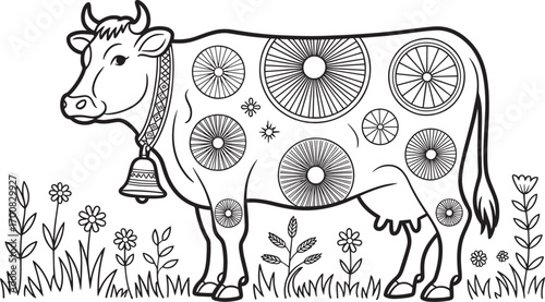 Whimsical Cow Illustration with Floral Meadow Black and White Outline Drawing Farm Animal Art