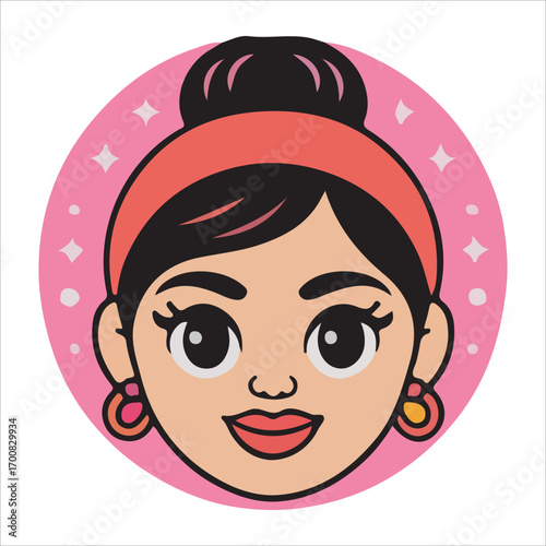 Cute Woman with Red Headband and Star Circle Background
