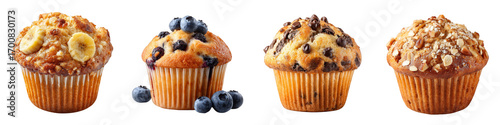 Four delicious muffins in assorted flavors blueberry banana chocolate oat on transparent background