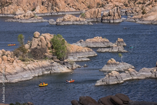 Kayaking Around Granite Dells and Rock Formations on Watson Lake in Prescott Arizona During a Sunny Summer Day