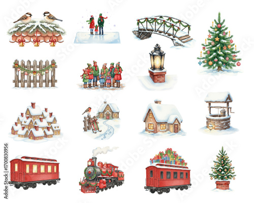 Christmas Winter Village Watercolor Set Holiday Elements