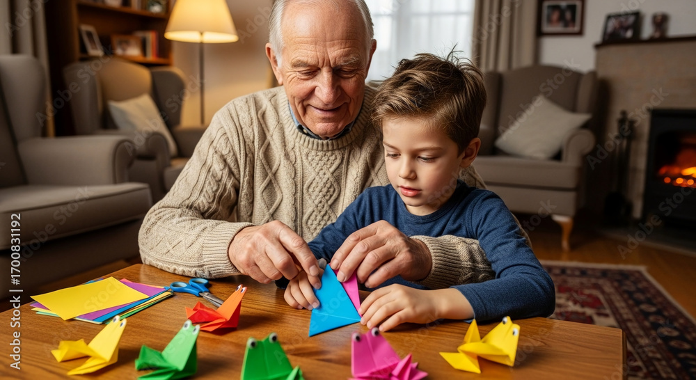 Obraz premium Grandfather and Grandson Enjoying Origami.