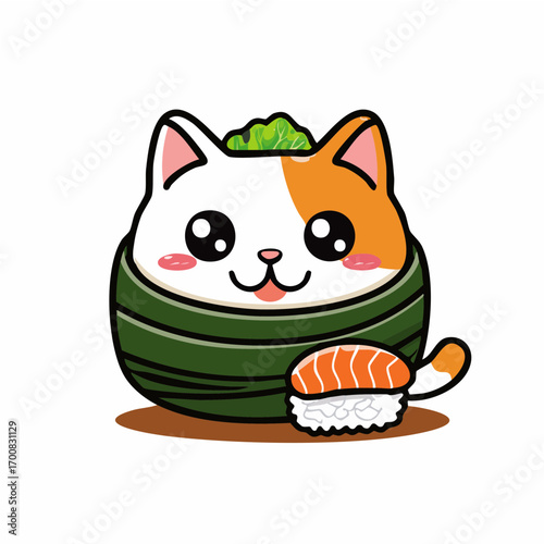 Kawaii Cat Sushi Roll Vector Illustration with Cute Smiling Face
