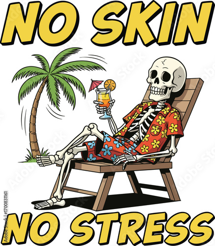 Chill Skeleton Relaxing on Beach Chair with Drink – Tropical No Stress Summer Cartoon Illustration
