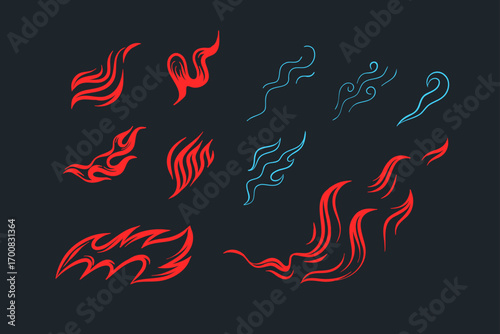 Set of flame and fire stickers for media and advertising posters, etc. Vector graphics, handmade