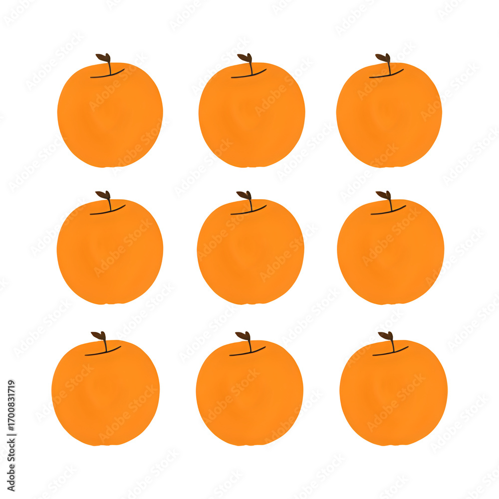 Obraz premium A grid of nine bright orange fruits with small stems on a clean white background