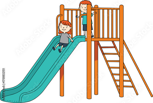 Kids playing on playground slide, outdoor fun activity, happy children enjoying recreational time, cartoon vector illustration for park, school, or kindergarten design