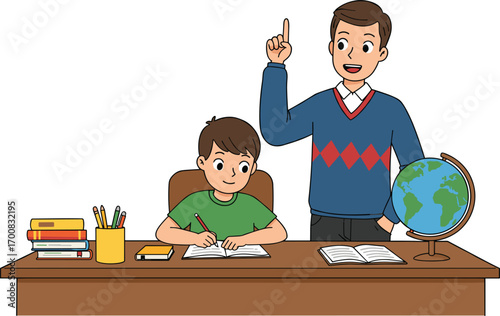Father teaching son homework at desk, family learning at home, educational support, geography study with globe, cartoon vector illustration concept