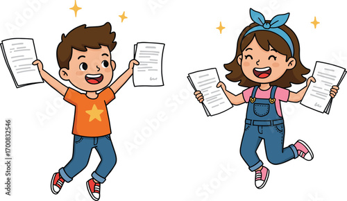Happy kids celebrating success, boy and girl holding papers, exam results day, school achievement, cartoon children jumping, educational vector illustration, smiling students