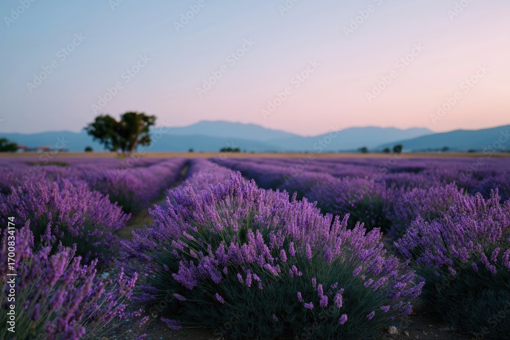 Fototapeta premium Lavender fields at sunset with mountains in the background
