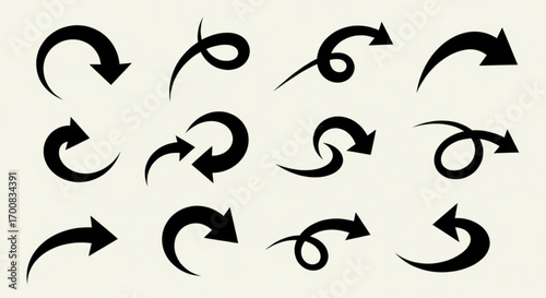Illustration showing a collection of twelve black arrows with various curved shapes and directions shown created with generated ai