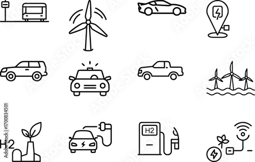 Sustainable transportation green energy icons set
