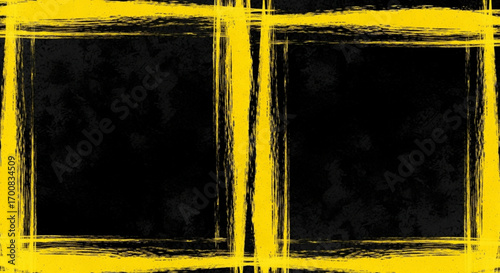 Abstract black background with two yellow painted frames and brush stroke lines design element created with generated ai
