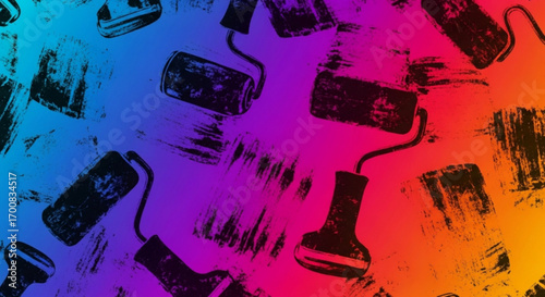 Paint rollers in black scattered across a vibrant gradient background of blue purple orange and yellow hues created with generated ai