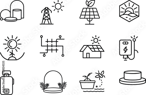 Sustainable energy icons renewable power sources solar panels