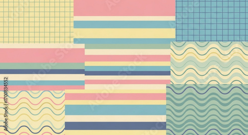 Colorful patchwork of grid patterns, horizontal stripes, and wavy lines in pastel shades creating a quilt created with generated ai