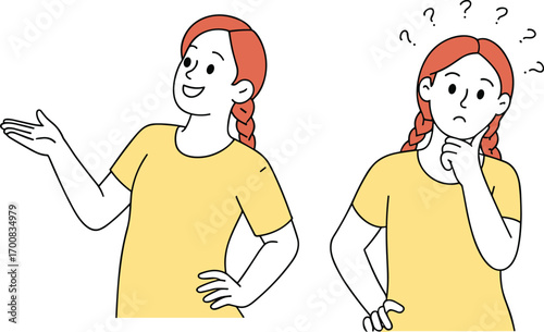 Vector illustration of confused and explaining young woman with braided hair, different emotions, thinking and presenting gestures, female character expressions, communication concept
