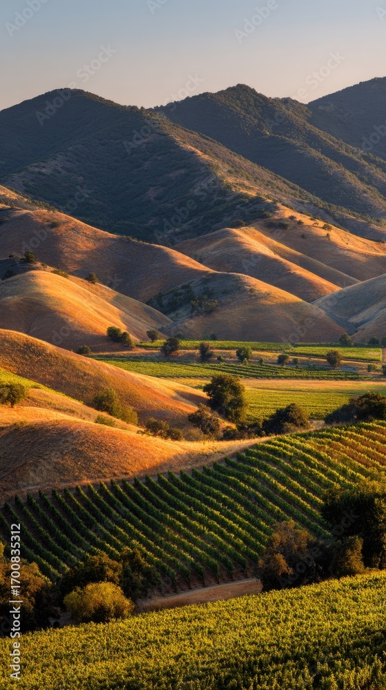 Fototapeta premium Rolling hills and vibrant vineyards at sunset
