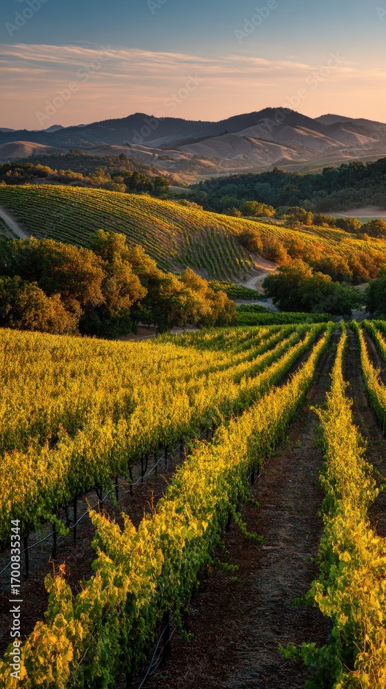 Naklejka premium Lush vines stretch across rolling hills at dusk