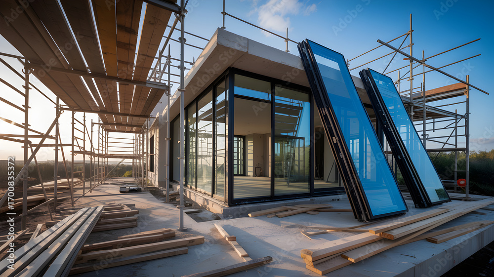 Fototapeta premium Construction site of modern villa with scaffolding and glass panels