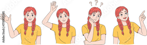 Vector illustration of red-haired girl with braids expressing emotions, hand gestures, thinking and pointing, cartoon character in yellow shirt, isolated