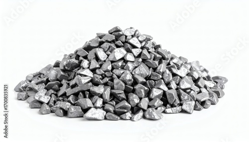 Small Pile of Natural Grey Zinc Stones and Gray Pebbles Isolated on White Background