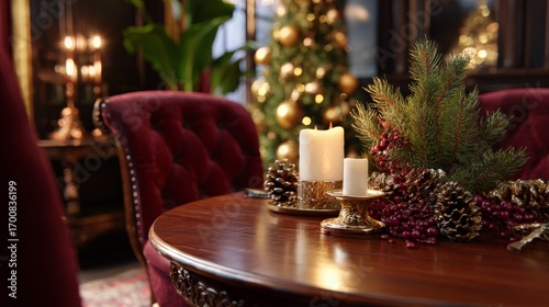 Elegant holiday table with festive decor and christmas tree in luxurious setting