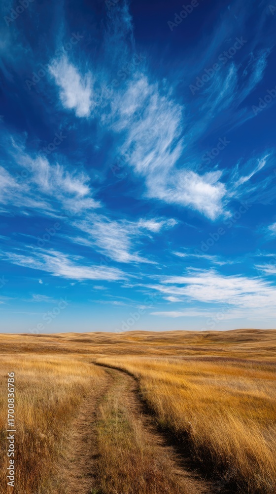 Fototapeta premium Open golden fields under a bright blue sky