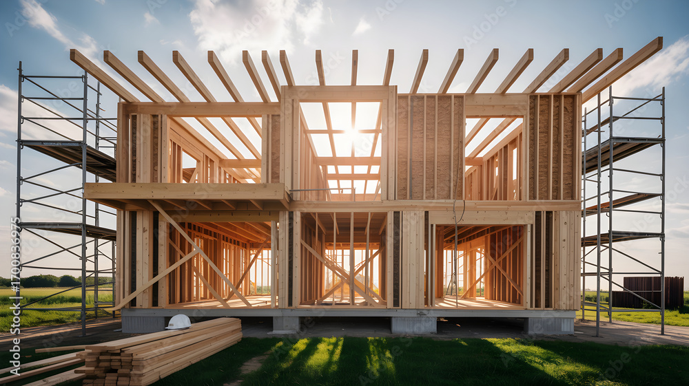 Obraz premium New home wooden frame construction with scaffolding at sunset
