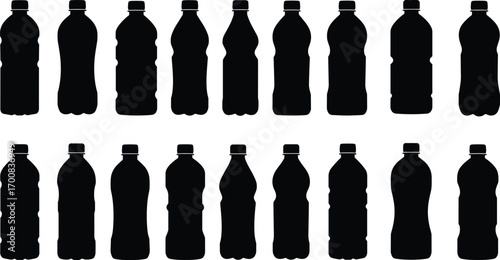 Black silhouette set of various plastic water bottle shapes, isolated on white background, ideal for packaging, branding, mockups, and product design