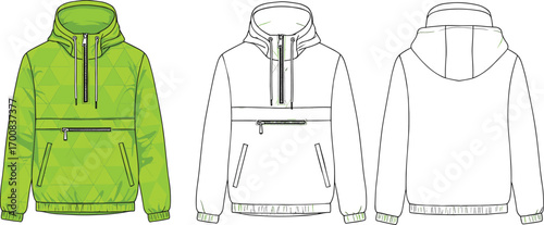 Vector technical flat sketch of modern hooded windbreaker jacket, front and back views, activewear design template for fashion, clothing line, or sportswear