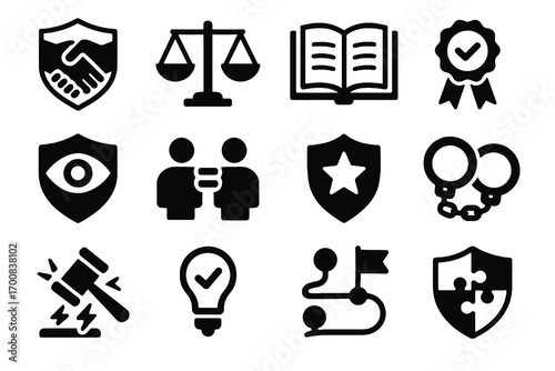 Business ethics icon set. Solid vector icons of trust, compliance, code of conduct, loyalty, honesty and collaboration. Corporate values pack.