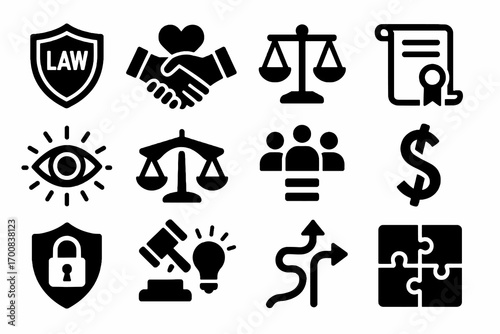 Business ethics icon set. Solid vector icons of compliance, loyalty, fairness, transparency, integrity, anti corruption and conduct. Corporate values pack.