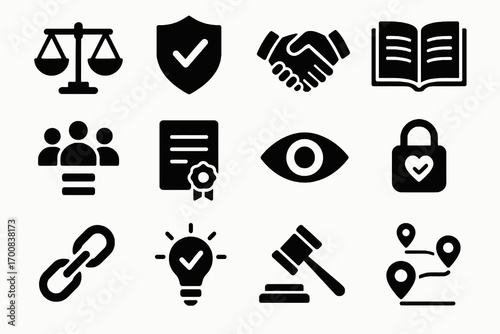 Business ethics icon set. Solid vector icons of compliance, fairness, honesty, equality, trust and transparency. Corporate ethics pack.
