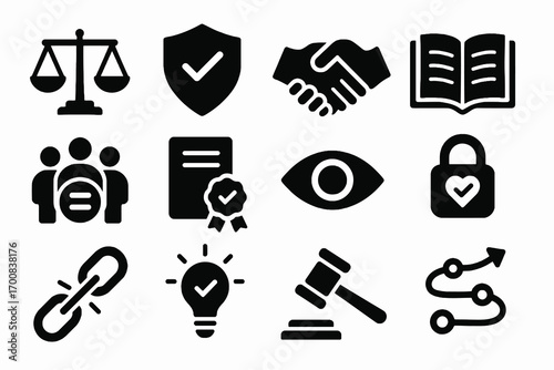 Solid ethics icons. Includes shield, handshake, gavel, book, certificate, anti corruption and group equality. Minimal business values vector set.