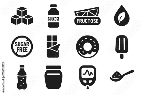 Solid sweetener icons. Includes honey jar, popsicle, sugar free badge, glucose bottle, and teaspoon sugar. Minimal vector collection for sweets and health.