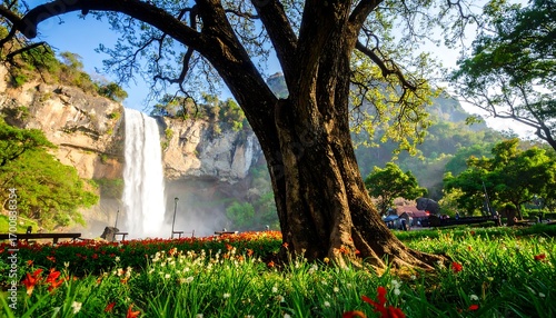 Waterfall in a lush garden