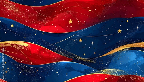 Abstract waves of deep blue and bright red, speckled with gold stars and shimmering trails