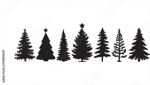 A line of various evergreen trees, including pine, fir, and spruce, silhouetted against a white background