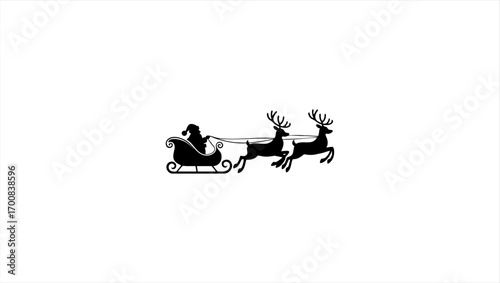 Minimalist black silhouette of Santa Claus flying in a sleigh pulled by his reindeer team. A classic Christmas holiday vector graphic illustration for festive design