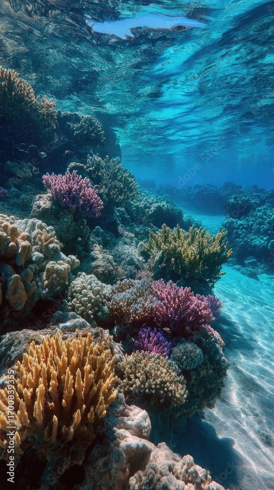 Naklejka premium Vibrant coral reef full of life in clear waters