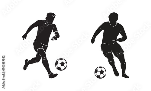 Silhouetted soccer players dribbling a soccer ball isolated on white background