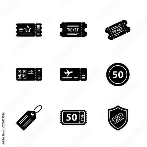 Collection of black ticket and stub icons, featuring travel, event, and discount symbols