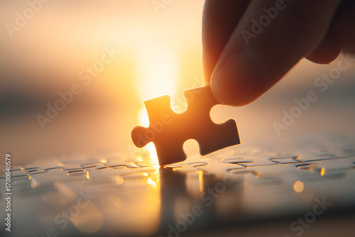 Completing the Puzzle: Close-up of a hand placing the final piece, representing problem-solving and collaboration. The piece glows against a sunset backdrop.