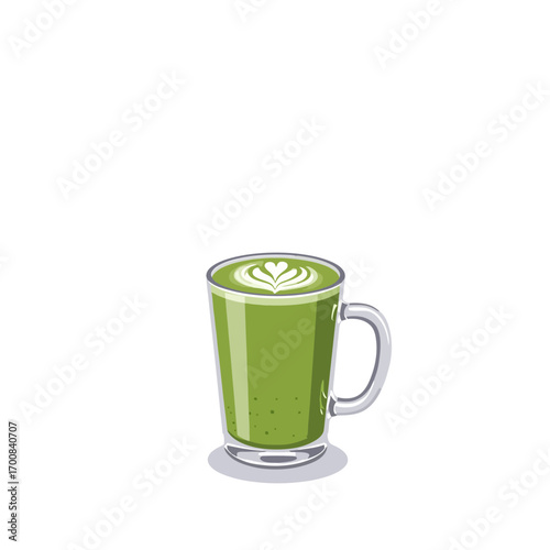 Matcha latte in glass mug with heart-shaped froth design, colorful vector illustration. Types of drinks. Cozy morning concept, menu in coffe shops